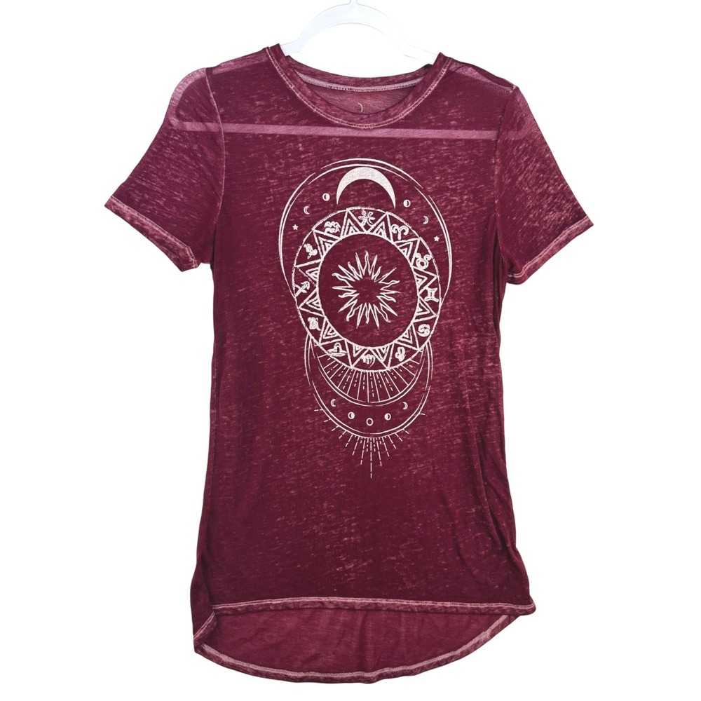 Vintage Burgundy Burnout Celestial Zodiac Sun Moon Graphic T-Shirt Womens Medium